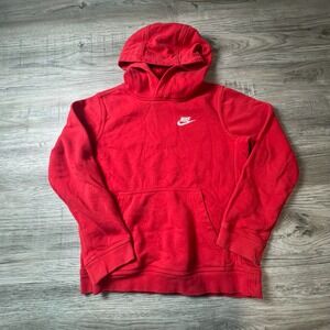 Nike Hoodie Boys L Red Embroidered Swoosh Pullover Fleece Sweatshirt L23